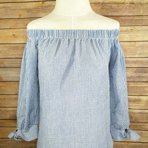 MM Couture Blue White Striped Cute Off the Shoulder 3/4 Tie Sleeve Blouse